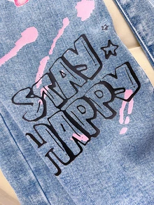 SHEIN Sparklyn Tween Girls Graffiti Heart & Letter Print Y2K Style Light Blue Printed Casual Loose Wide Leg Distressed Ripped Vintage Washed Denim Jeans - Blue - View 4