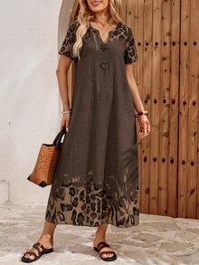 EMERY ROSE Gaun Panjang Kasual Wanita Gaya Boho Motif Leopard untuk Acara Brunch, Motif Leopard Abu-abu, Musim Gugur - Coklat - View 4