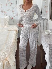 CottageSlumber Ice Silk Ribbed Lace Collar Small Floral Print Long Sleeve Long Pants Pajama Set - White - View 3