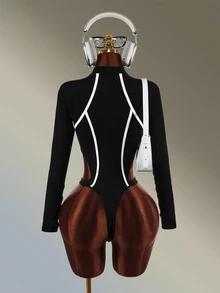 Amplova Women's Seamless Long Sleeve Mock Neck Sports Jumpsuit - Black and White - View 2
