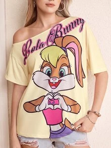 LOONEY TUNES X SHEIN 女款字母卡通印花不對稱肩休閒日常短袖T恤 - 黃色 - 查看 6