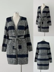 Sunspun Cardigan Panjang Kasual Serbaguna Motif Garis-Garis Blok Warna Longgar untuk Musim Gugur/Dingin - MultiWarna - View 3