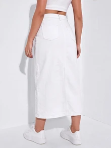 SHEIN Unity 女款休閒日常牛仔裙，附口袋、鈕扣與開衩設計 - 白色 - 查看 2