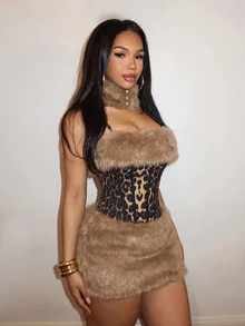 Slaydiva Leopard Sequin Fur Trim Corset Mini Dress | Strapless Faux Fur Bodycon Skirt For Club Party & Evenin - Khaki - View 8