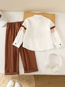SHEIN 男嬰學院風經典配色立領開襟長袖上衣與純色鬆緊腰長褲兩件套，休閒舒適，適合外出、居家、上學與開學季 - 彩色 - 查看 2