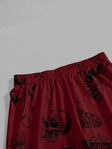 ROMWE Goth 神秘女巫哥德宮廷風暗黑骷髏蛾植物蝴蝶結蘑菇葉片大尺碼全印花寬鬆寬腿褲 - 紅色 - 查看 4