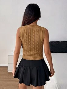 SHEIN PETITE 女款刺繡麻花編織V領背心 - 駝色 - 查看 2