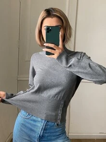 DAZY Women's Solid Color Fitted Waist Button Half-High Neck Long Sleeve Casual Holiday Korean Street Style Autumn/Winter Knit Sweater - Grey - View 1