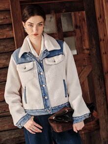 Anewsta Jaket Jeans Biru Patchwork Wol Domba Komposit Mode Baru untuk Wanita - Krem - View 6