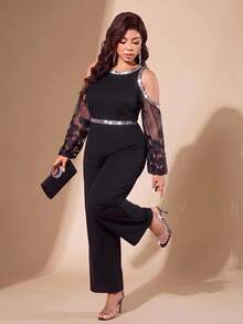 Comfylo Plus Size Elegant Sequin Cold Shoulder Fashion Loose Jumpsuit - Black - View 7