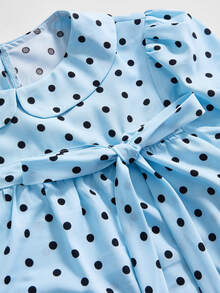 ROMWE Blus Slimming Wanita Model Kawaii Kerah Peter Pan Vintage Polka Dot dengan Hem Mengembang untuk Musim Semi/Panas - Mint Blue - View 3
