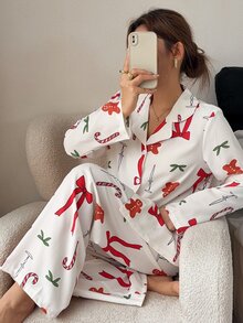 Napfluff Christmas Element Print Open Front Lapel Bubble Crinkle Comfortable Women's Pajama Set - Apricot - View 4