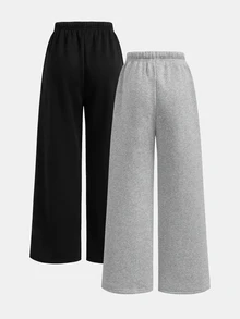 SHEIN Girlism Tween女孩 2件組 黑灰色 秋冬簡約抽繩鬆緊直筒運動長褲，適合休閒日常穿著 - 彩色 - 查看 2