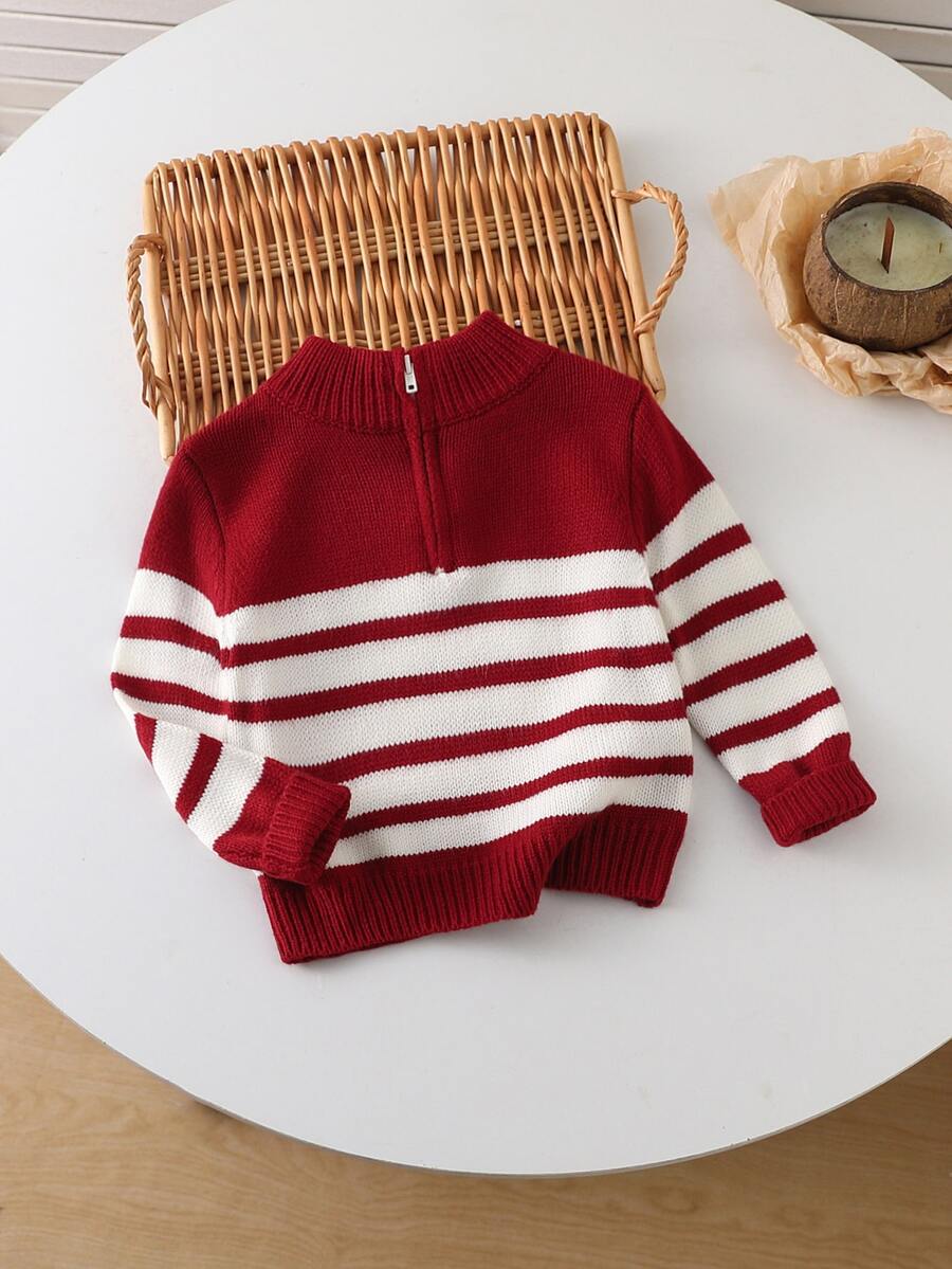 SHEIN Vintaside Kids Baby Boy Striped Zipper Half-Placket Long Sleeve Casual Sweater - Red - View 1