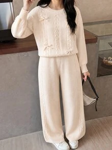 SHEIN Tween Girl) Spring/Autumn/Winter Solid Color Minimalist Casual Half-Fleece Round Neck Sweater Set - Multicolor - View 3
