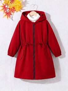 SHEIN 女童少女休閒字母裝飾寬鬆文字膠帶連帽口袋中長版派克外套 秋季夾克 - 紅色 - 查看 6