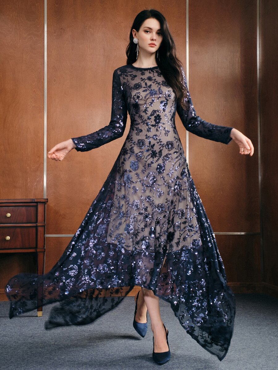 Anewsta Affair Women's Elegant Sequin Fashion Long Sleeve Evening Dress - Royal Blue - View 1