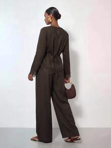 Zivah Women's Solid Color Contrast Lace Blouse And Wide Leg Pants Elegant 2 Pieces Set - Brown - View 4