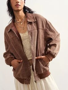 Bohemela Jaket Wanita Tenun Warna Polos Kasual - Coklat - View 4