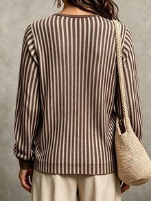 RosyDaze Women's Striped Dropped Shoulder Long Sleeve Single-Breasted Casual French Elegant Knit Cardigan Office Brown Striped Autumn - Coffee Brown - View 2
