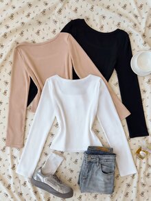 SHEIN Tween Girl Tween Girl Autumn/Winter New Casual Minimalist Comfortable Knit Fleece Solid Color Square Neck Long Sleeve T-Shirt 3pcs/Set - Multicolor - View 2