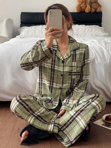 Napfluff Plaid Contrast Trim Lapel Open Front Long Sleeve Pants Pajama Set - Multicolor - View 4