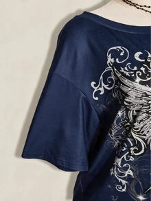 SHEIN ICON 女款大尺碼十字哥德風圖案T恤 - 藏蓝色 - 查看 6