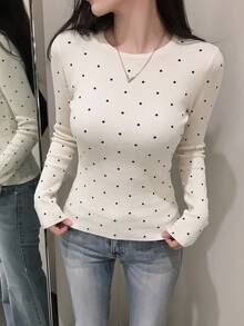 DAZY 女款波點圖案長袖商務休閒套頭毛衣 - 黑與白 - 查看 4