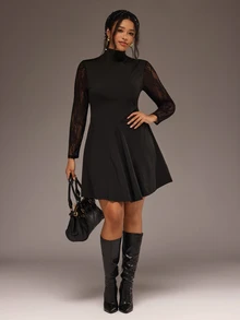 Freevana Plus Size Elegant Commuter Lace Patchwork Stand Collar Dress - Black - View 3