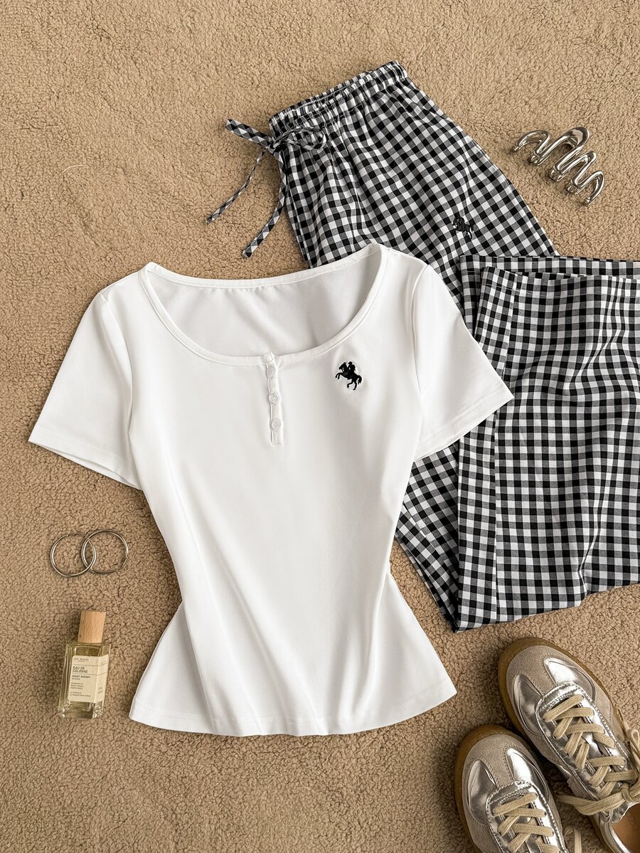 Tseoso Women's Knight Embroidery Short Sleeve T-Shirt And Plaid Long Pants Casual Preppy 2 Pieces Set Everyday School White Black And White Summer - Black and White - View 1