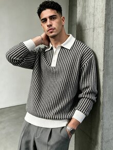 TONEVAULT Men's Striped Polo Collar Long Sleeve Casual Sweatshirt - Black and White - View 5
