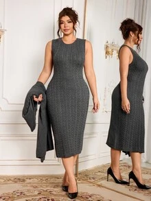 Modelyn Plus Size Women Solid Color Dropped Shoulder Long Sleeve Long Knit Cardigan And Cable Knit Sleeveless Knit Dress Elegant Set - Dark Grey - View 4