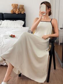 Napfluff Solid Color Casual Loose Contrast Color Spaghetti Strap Women's Loungewear Dress - Apricot - View 1