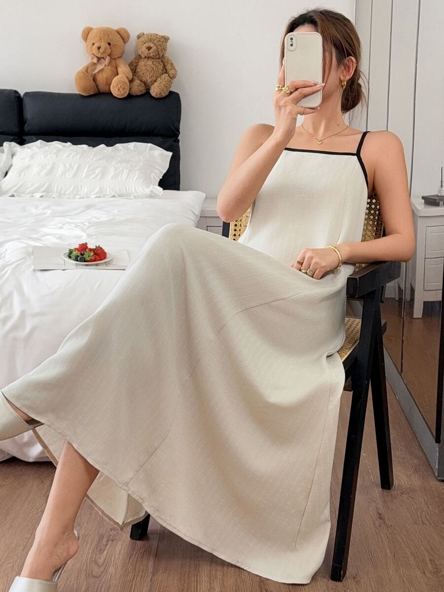 Napfluff Solid Color Casual Loose Contrast Color Spaghetti Strap Women's Loungewear Dress - Apricot - View 1