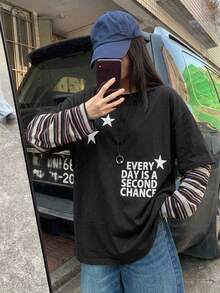 DAZY Women's Round Neck Contrast Color Striped Korean Style Printed Long Sleeve T-Shirt Graphic Tees - Black - View 5