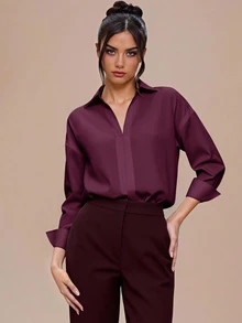 Olithes Plus Size Women's Solid Color Drop Shoulder Long Sleeve Shirt Bodysuit - Purple - View 3