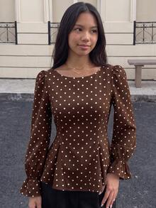 SHEIN Girlism 青少年女孩優雅復古花瓣袖波點印花襯衫 - 棕色 - 查看 3