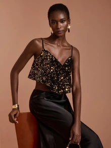 JIAN LASALA Black And Golden Adjustable Strap Sequin Loose Short Top Casual Elegant Party Vacation - Black and Gold - View 1