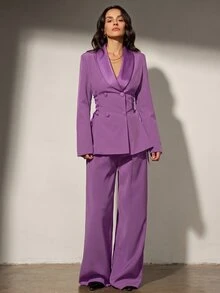 Aveloria Modichic 緞面拼接綁帶前襟女款西裝外套 優雅休閒西裝外套 + 休閒喇叭西裝長褲 - 紫色 - 查看 6
