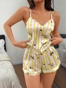 Dream Adore Faux Silk Striped Bow & Small Heart Print Cami Shorts Pajama Set - Yellow - View 6