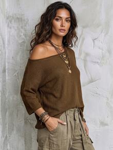 Elafinee Plus Size Women's Solid Color Asymmetrical Shoulder Long Sleeve Casual Pullover Sweater - Brown - View 4