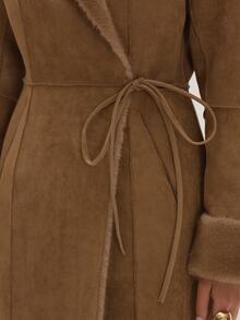 MUSEYN Beige Faux Fur Suede Maxi Coat Cosy Versatile Everyday Casual Fall - Khaki - View 7