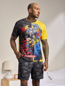 Transformers X SHEIN Men's Cartoon Print Short Sleeve Top And Pocket Shorts Loungewear Set - Black - View 3