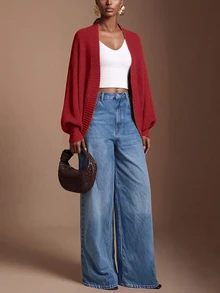 Zivah 女款休閒純色蝙蝠袖針織衫，秋冬款 - 酒紅色 - 查看 3