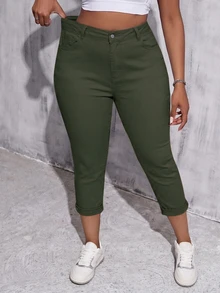 SHEIN Tall CURVE بنطلون جينز كاجوال متعدد الاستخدامات بلون موحد بقصة ضيقة للمقاسات الكبيرة - أخضر عسكري - مشاهدة 1
