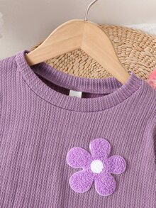 SHEIN 2件組少女甜美3D花朵羅紋針織套頭上衣＋薄紗裙套裝，秋冬春季日常返校萬聖節派對穿搭，柔軟舒適秋季套裝 - 紫色 - 查看 6