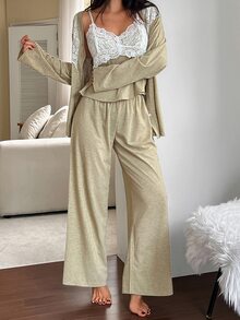DAZY Women's French Lace Camisole & Pants With Long Sleeve Cardigan Pajama Set - Yellow - View 5