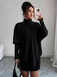 Elenzga 優雅設計不對稱捲邊仿針織紋理羅紋高領時尚百搭女款打底T恤 - 黑色 - 查看 1