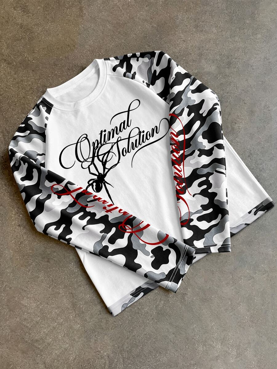 STEELVANCE Men's Letter Print Camouflage Patchwork Casual Daily Long Sleeve T-Shirt - Multicolor - View 1