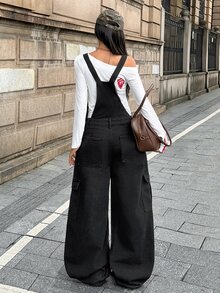 SHEIN Women's Casual Daily Denim Overalls With Pockets - Black - View 2